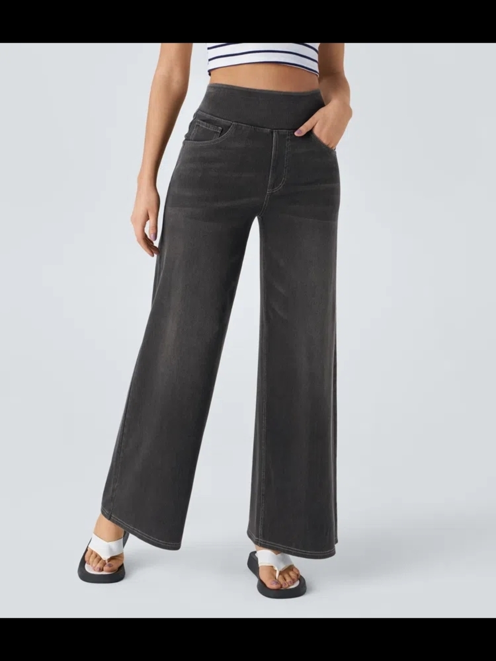 Halara Flex™ High Waisted Pockets Baggy Wide Leg Washed Casual Jeans - Charcoal